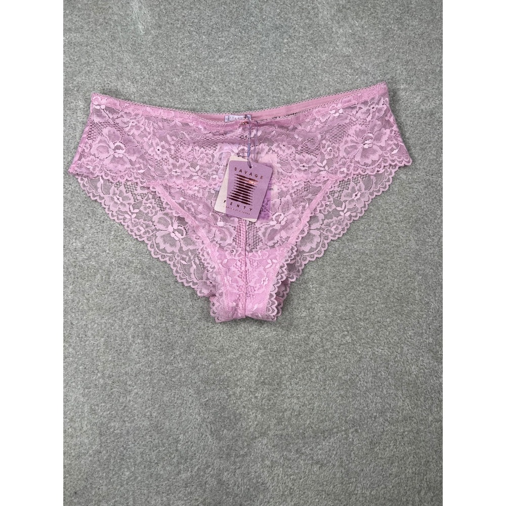 Savage X Fenty Bikini Panty 1X Pink Floral Lace Sheer Scalloped Lingerie NWT